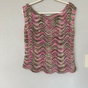 Handmade Crochet Chevron Ripple Tank Top Pink Green Multi Knit Shell Sleeveless
